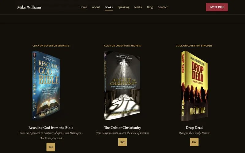 Screenshot of the books page showing all three book covers with Buy buttons