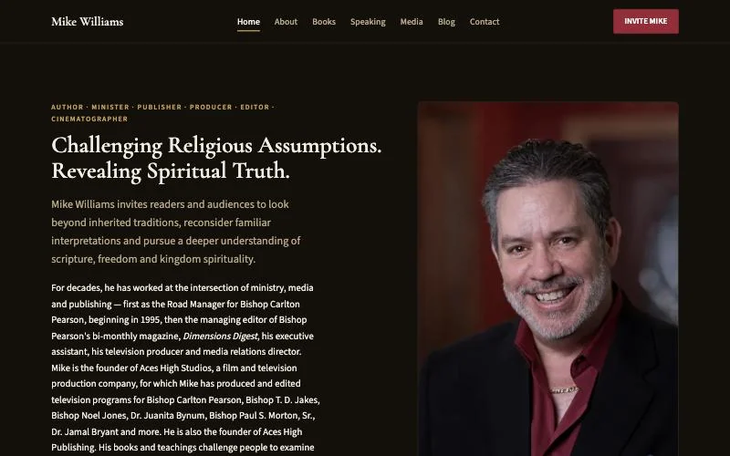 Screenshot of the mikewilliamsbooks.com home page on a desktop screen