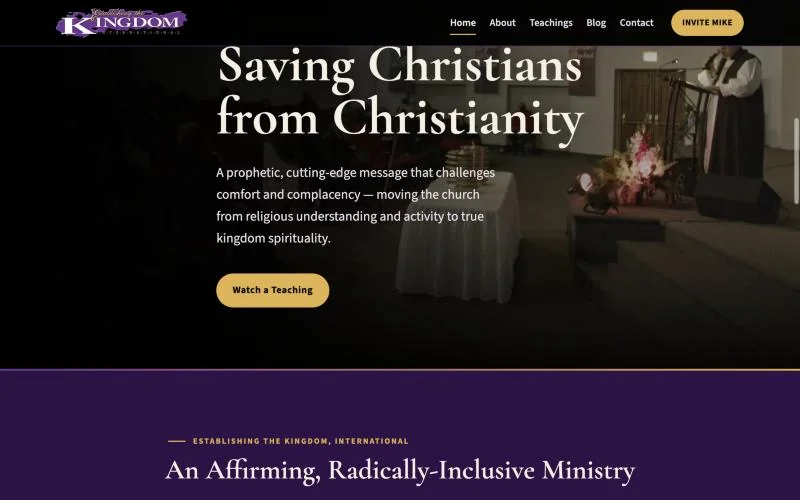 Screenshot of the establishingthekingdom.org home page on a desktop screen, headline Saving Christians from Christianity