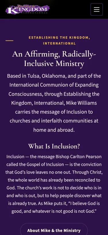 Screenshot of the establishingthekingdom.org home page on a phone, section titled An Affirming, Radically-Inclusive Ministry