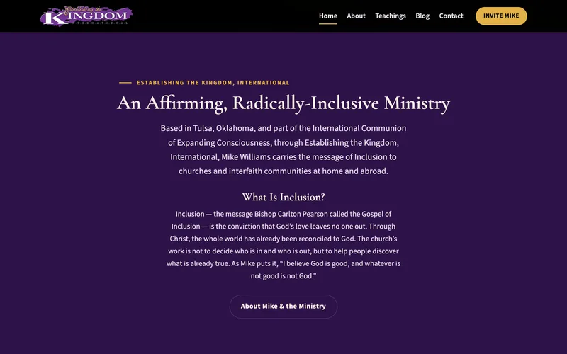Screenshot of the establishingthekingdom.org home page on a desktop screen, section titled An Affirming, Radically-Inclusive Ministry
